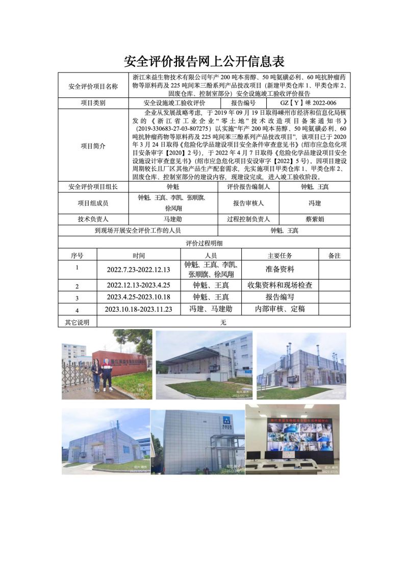 GZ【Y】嵊2022-006浙江来益生物技术有限公司年产200吨本芴醇、50吨氨磺必利、60吨抗肿瘤药物等原料药及225吨间苯三酚系列产品技改项目（新建甲类仓库1、甲类仓库2、固废仓库、控制室部分）安全设施竣工验收网上信息公开表_01.jpg