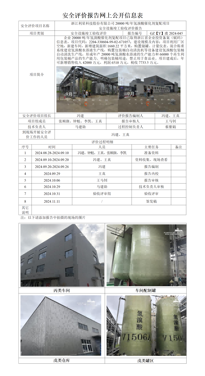 GZ【Y】虞2024-045浙江利星科技股份有限公司20000吨年氢溴酸催化剂复配项目安全设施竣工验收评价报告网上信息公开表_01.png